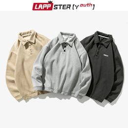 LAPPSTER-Youth Men Solid Korean Harajuku Patchwork Hoodies Autumn Pullover Casual Sweatshirts Turndown Collar Clothing 240111