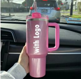 1:1 Logo Cosmo Pink Tumblers Winter PINK Shimmery LIMITED EDITION 40 oz Tumblers 40oz Mugs Lid Straw Big Capacity Beer Water Bottle Valentines Day Gift Pink Parade 0111