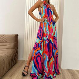 Casual Dresses 2024 Summer Pattern Printed Bohemian Dress Lace Up Women's Long Sexy Halter Hollow Sleeveless Holiday