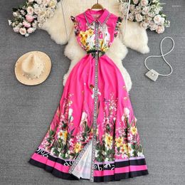 Casual Dresses Fashion Runway Summer Beach Maxi Dress Women Clothing Flying Sleeve Single Breasted Floral Print Belt Long Robe Vestidos