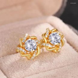 Stud Earrings Dazzling Circle Around Design Gold Colour Ear For Women Brilliant Cubic Zirconia Temperament Sweet Jewellery Gift