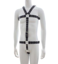 Mens Studded Leather Body Bondage Gear with Penis Ring Fetish Restraint Harness Suit Male Slave Sex Products Y04061966001