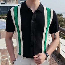 Men's Polos Stripe Polo Shirt Panelled Colour Contrast Cardigan T-Shirt Men British Slim Lapel Summer Man Short Sleeve Knitted