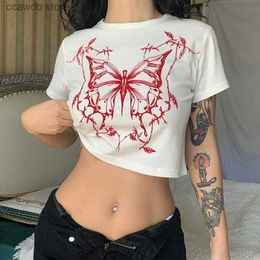 Women's T-Shirt Vintage Fairy Grunge Butterfly Print Short Sleeve O-Neck Fitted Crop Top Punk Harajuku E-girl Tee American Y2K 90S Women T-shirt T240110