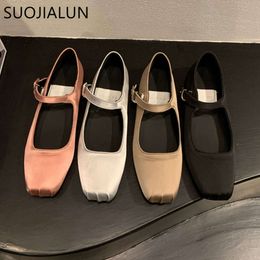Dress Shoes SUOJIALUN 2023 Spring New Women Flat Shoes Fashion Silk Square Toe Shallow Ladies Ballet Shoes Soft Casual Flat Mary Jane Shoes