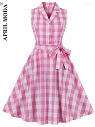 Casual Dresses Elegant Pink Plaid Vintage Holiday Party Dress Sleeveless Turn Down Collar 50s Style Cotton Pinup Swing Runway Rockabilly