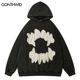 Vintage Mens Hoodie Sweatshirt Y2K Grunge Hip Hop Ripped Embroidery Teeth Patch Hooded Streetwear Harajuku Punk Gothic Pullover 240111