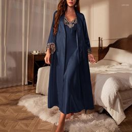 Women's Sleepwear Jxgarb Ice Silk Long Robe And Gown Pyjamas Sets Lace Trim Womens Spring Leisure Sexy 2Pieces Satin Nightwear