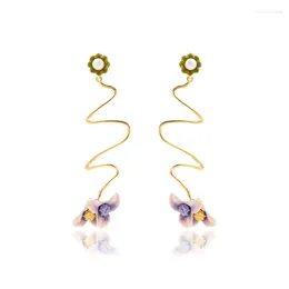 Stud Earrings Violet 925 Silver Needle Enamel Flower Temperament Holiday Style Elegant Fashion Light Luxury Atmosphere