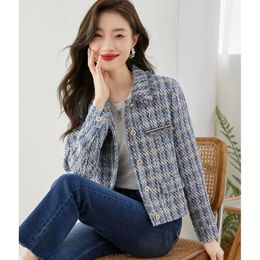 Autumn Winter Fragrant Style Turn Neck Straight Tube Tweed Short Coat Womens Long Sleeve Jackets 240112