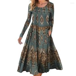 Casual Dresses Vintage Geometry Print Women Elegant Loose Waist O Neck Pullover Long Sleeve Pleated Dress Female Side Pocket Midi Gown