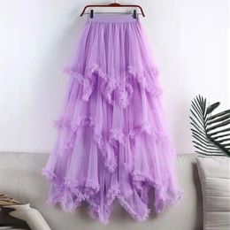 A LineTutu Tulle Long Skirt for Women Summer Korean Aesthetic Cute Irregular Mesh High Waist Maxi Skirts Female Purple 240112