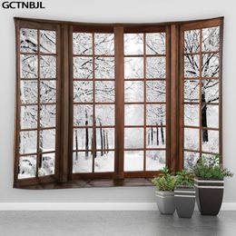Christmas Tapestry Wall Hanging Outside the Window Forest Snow Scenery Winter Bedroom Living Room Home Wall Tapestr 240111