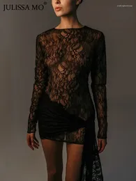 Casual Dresses Sexy Lace See Through Long Sleeve Autumn Mini Dress For Women Fashion Slim Bandage Ruched Outfits Party Clubwear