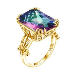 14K Gold Rainbow Mystic Topaz Ring 925 Sterling Silver Rings For Women Gemstones Square Wedding Party Jewellery Ringe 240112