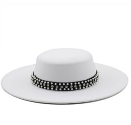 Large Wide Brim Faux Wool Pork Pie Boater Flat Top Fedora Hat with Rivet Pearls Black White Party Panama Trilby Cowboy Cap9407090