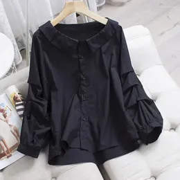 Women's Blouses Cotton 2024 Spring Korean Blouse Fashion Casual Doll Neck Shirt Slim Nine Point Lantern Sleeve Shirts Ladies Tops