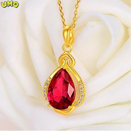 Plated Real 24K Gold Necklace Saffron Red Water Drop Pendant Women's Fashion Clavicle Chain Gift Accessories 999 18K Gold Jewelr 240111