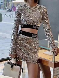 Womens Sexy luxury fashion Sequins two pcs sets cropped bling tops with designer skirts women party black silver woman clothes