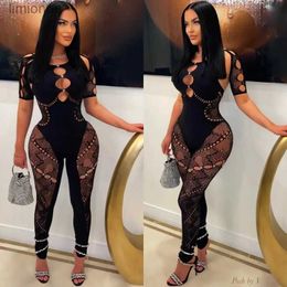 Women's Jumpsuits Rompers Diamond Hollow Out Knitted Lace Jumpsuit Women Fashion Short Sleeve Lace Up Halter Backless Skinny Club Overalls Y2K StreetwearL240111