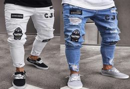 High End Jeans Tightfitting Hole Cotton Badges Slim Pencil Feet Slim Fit White Blue Breathable Comfortable2549330