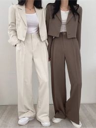 Women's Solid Casual Suits Blazer Jacket Wide Leg High Waist Pants Office Lady Autumn Spring Crop Tops Coats Two Piece Sets 240112