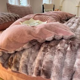 Faux Rabbit Fur Autumn Winter Warm Duvet Cover Set with Bed Sheet Quilt Cover and Pillowcase Queen Plush Bedding Set Soft Warmth 240111