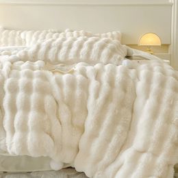 500g Double Sided Thickened Faux Rabbit Fur Velvet Fleece Solid Color Plush Bedding Set Duvet Cover Set Bed Sheet Pillowcases 240111