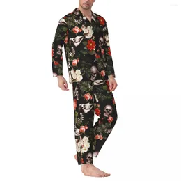 Men's Sleepwear Skull Pattern Pyjama Set Garden Floral Print Comfortable Men Long-Sleeve Casual Night Two Piece Nightwear Large Size