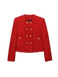 TRAF Elegant Women Tweed Jacket Spring Wrist Sleeve Metal Buttons Blazer Cardigan Female Crop Top Y2K Short Coat 240112