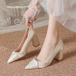 Dress Shoes Size 30-44 Point Toe Chunky Heel Satin Apricot High Heels Women Pearls