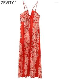 Casual Dresses Zevity 2024 Women Fashion Pleats Design Flower Print Strap Halter Midi Dress Female Chic Back Zipper Kimono Beach Vestido