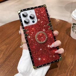 CASEiST Luxury Glitter Full Diamond Square Phone Case With Ring kickstand Holder Bling Sparkle Woman Gift TPU Cover For iPhone 15 14 13 12 11 Pro Max XS 8 7 Plus Samsung 1a