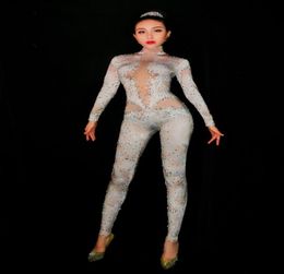 Women's Jumpsuits & Rompers White Lace Plain Bodysuit Spandex Jumpsuit Rhines Leggings Women's Stage Costume Nightclub Dance WearWo2903043