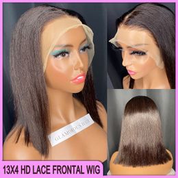 Grade 10A Brazilian Peruvian 12 Inch Natural Black Colour 100% Raw Virgin Remy Human Hair Silky Straight 13x4 HD Lace Bob Wig