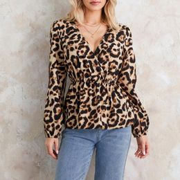 Women's Blouses Fashion Vintage Peplum Tops Long Sleeve V Neck Leopard Print Loose T-Shirts Wrap Blusa Mujer Moda