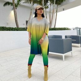 Plus Size Matching Set Tie Dye Long Shirt Top And Pant Female Casual Outfit Luxury Fashion Cloth 2023 Summer Women Two Piece 240111