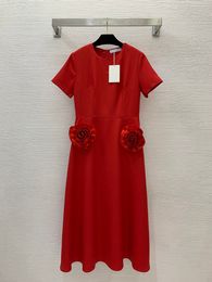 2024 Spring Black / Red Solid Color 3D Flowers Panelled Dress Short Sleeve Round Neck Midi Casual Dresses B4J120914