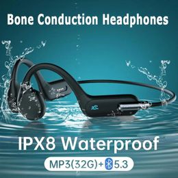 Headphones Real Swimming Bone Conduction Headphones IPX 8 Waterproof Bluetooth 5.3 Sports Headset 32GB Hifi Stereo Music Earphone with Mic
