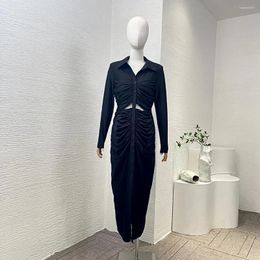 Casual Dresses 2024 Collection Black Elegant Pencil Midi Dress Turn-down Collar Button Folds High Quality Woman Clothes