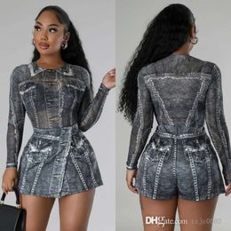 Womens Spring Designer 2024 New Style Imitation Denim Printed Mesh Jumpsuit Half Skirt Two-piece Set 2 Colours