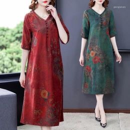 Party Dresses 2024 Red Floral Natural Slik Plus Size Midi Dress Summer Korean Vintage Casual Women Elegant Bodycon V-Neck