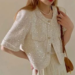 Summer High Quality Korean Tweed Paillette Short Sleeve Jacket Coat Women Fashion Sequin Outerwear Top 240112