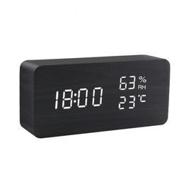 Alarm Clock LED Digital Wooden USBAAA Powered Table Watch With Temperature Humidity Voice Control Snooze Electronic Desk Clocks 240111