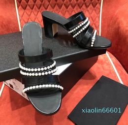 2024 ladies high-heeled sandals leather pearl one-strap sandals