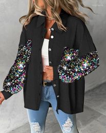 Women's Jackets Jacket Long Sleeve Colorblock Turn-Down Collar Glitter Patchwork Thick Knitting Contrast Sequin Waffle Knit Shacket