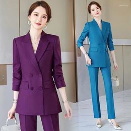 Women's Two Piece Pants Long Sleeve Style Double Breasted Solid Colour Business Wear Two-Piece Set Work Uniforms Black Formal Purple Suit