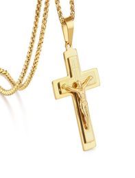 Religious Crucifix Pendant Necklaces Men Gold Silver Colour Stainless Steel Jesus Piece Cross Link Chain Jewellery Gift MN2048251548