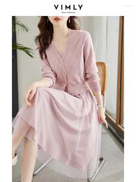 Work Dresses VIMLY Sweater Cardigan Knit Two Piece Sets For Women 2024 Autumn Outfits Long Sleeve Tops Midi Mesh Dress Matching Set 71517