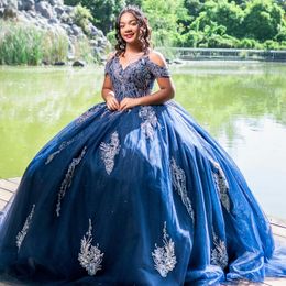 Navy Blue Quinceanera Dresses Ball Gown Off The Shoulder Appliques Lace Beaded Puffy Mexican Sweet 16 Dresses vestidos de 15